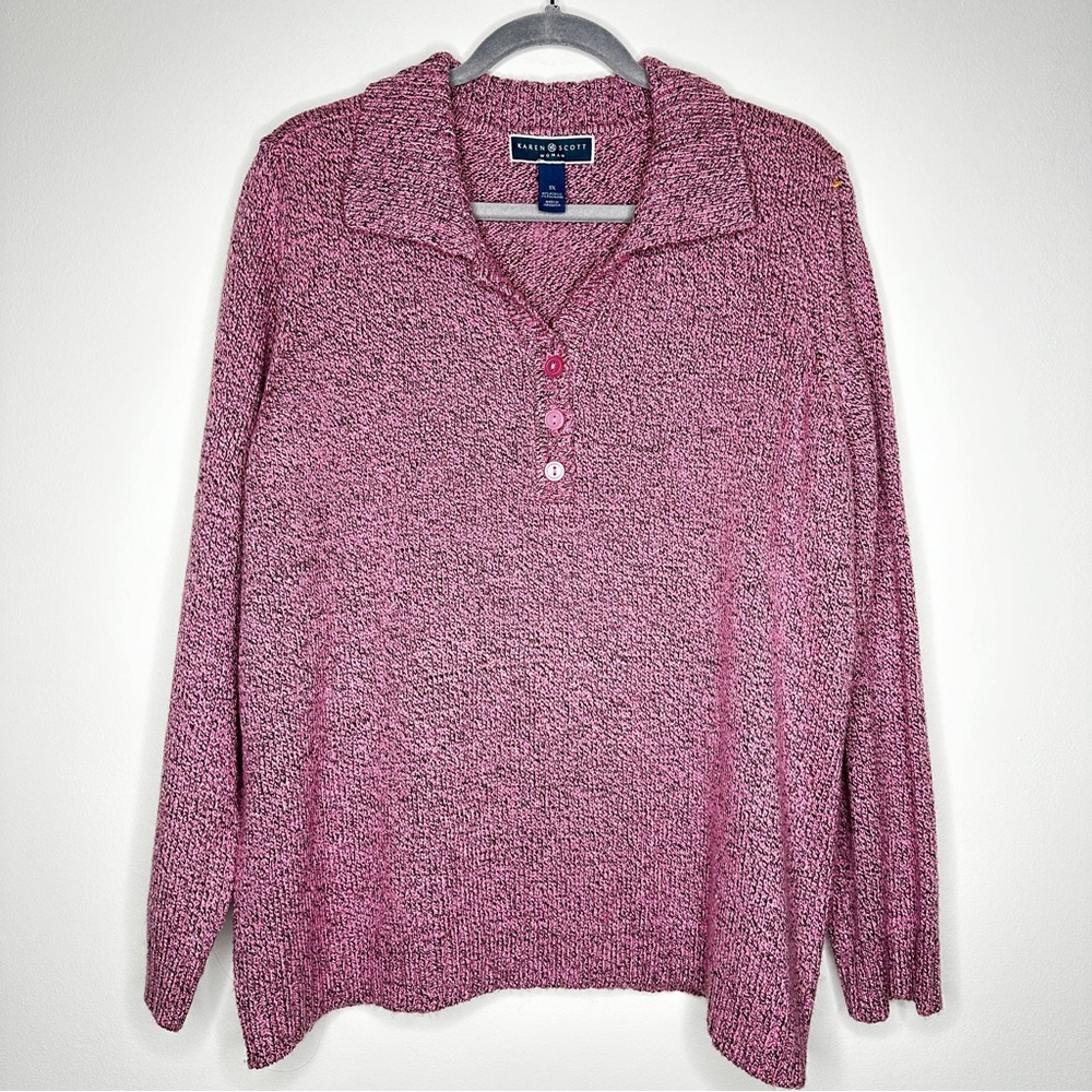 Karen Scott Pink Knit Sweater Mock Neck‎ Button Pullover Plus Size 1X